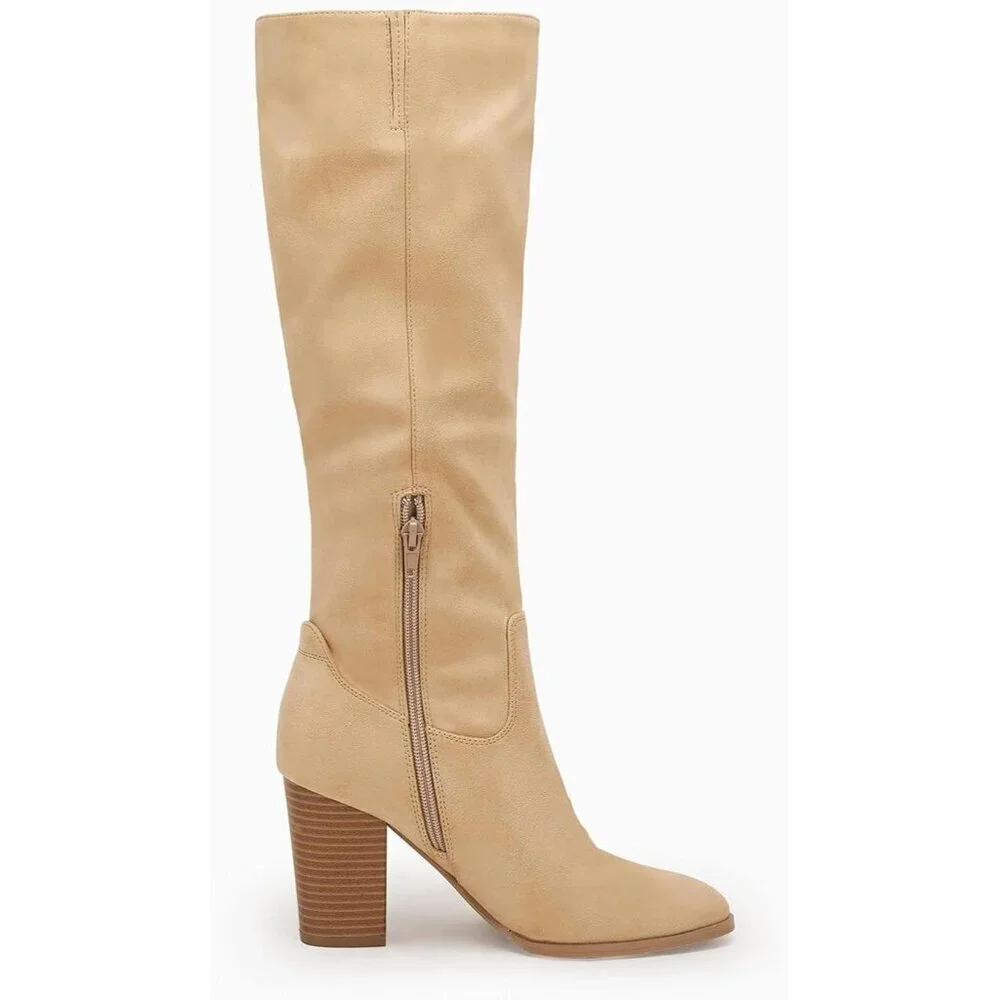 Women Faux Sueder Khaki Knee High Chunky Heel Side Zipper Stretch Winter Boot